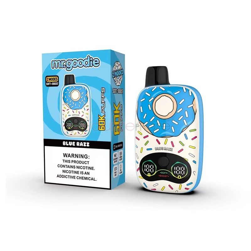 Mr.Goodie Donut 60K Puffs Disposable Vape, Blue Razz donut-shaped device beside its blue retail box, presented in the supplier gallery artwork.