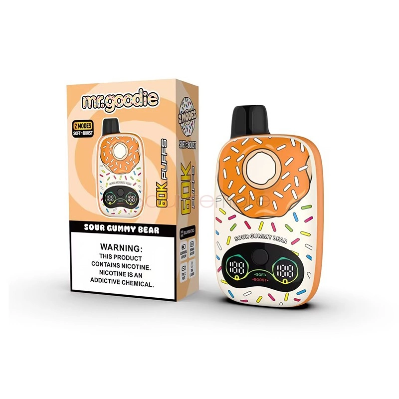 Mr.Goodie Donut 60K Puffs Disposable Vape, Sour Gummy Bear donut-shaped device beside its orange retail box, presented in the supplier gallery artwork.