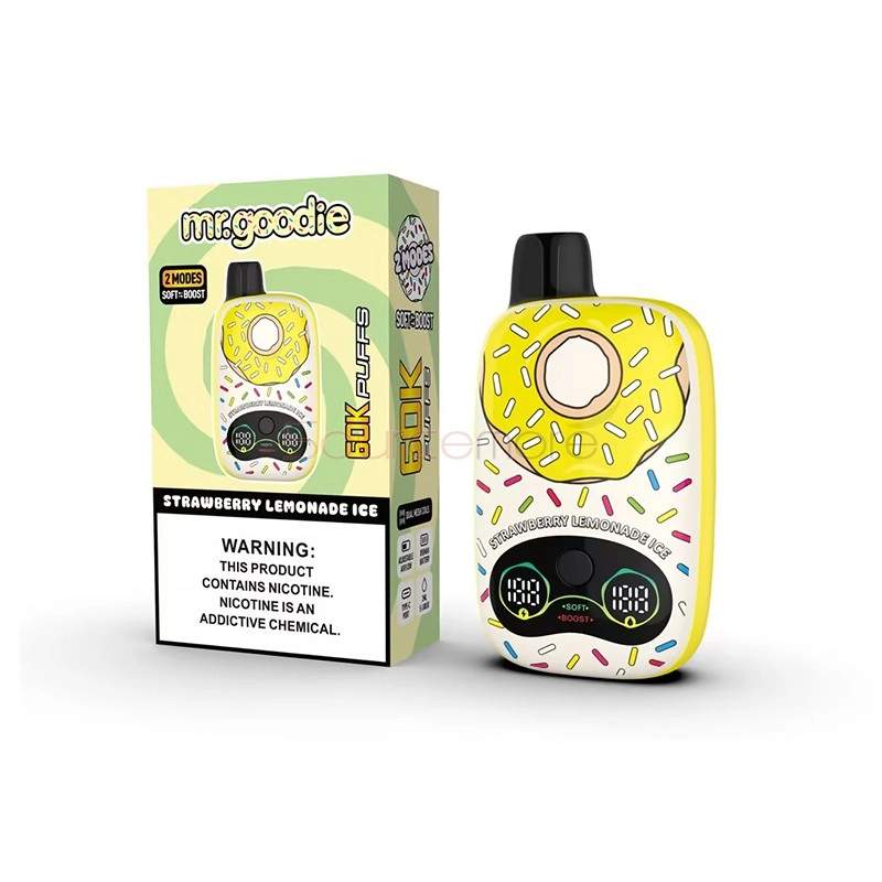 Mr.Goodie Donut 60K Puffs Disposable Vape, Strawberry Lemonade Ice donut-shaped device beside its yellow retail box, in supplier gallery artwork.