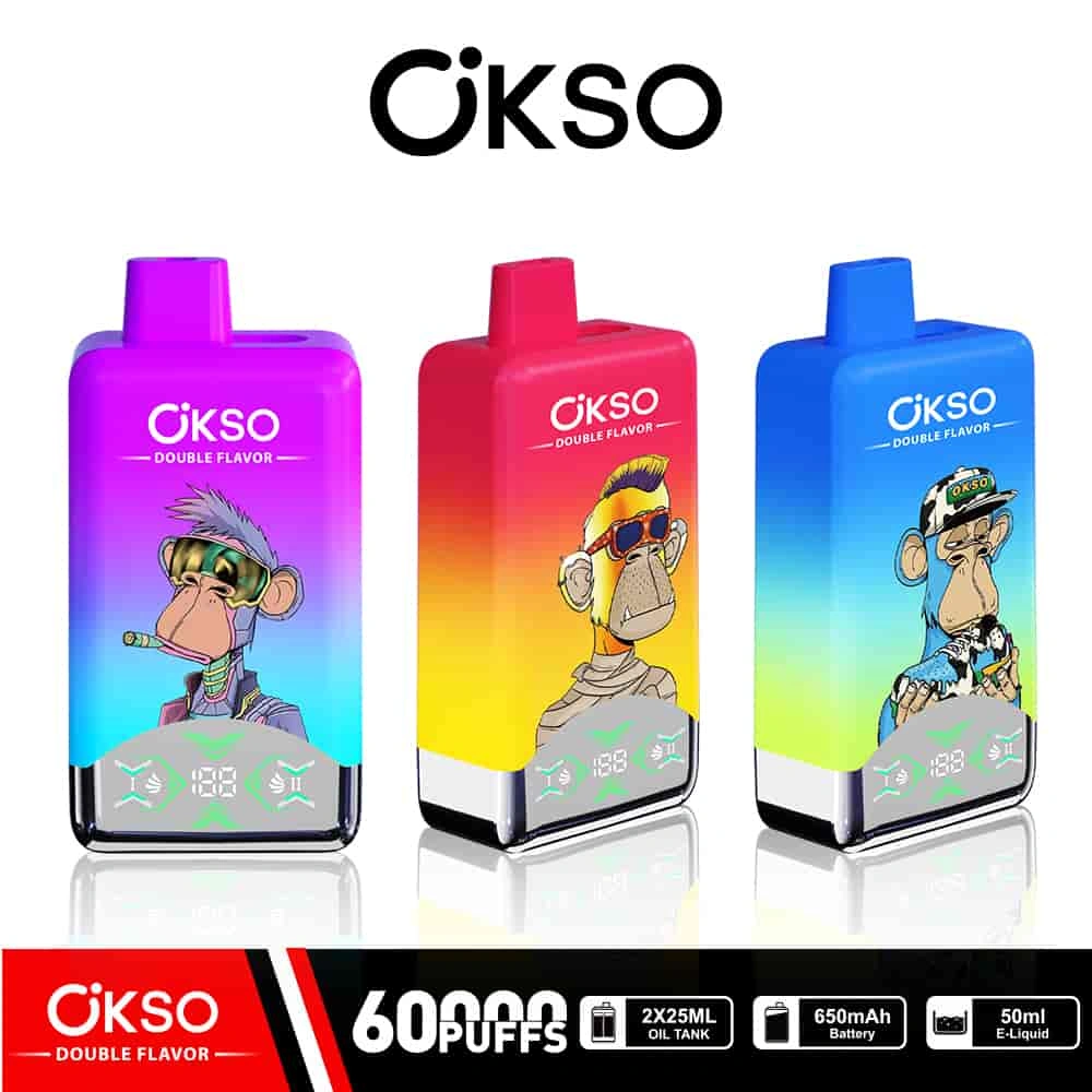 OKSO Double Flavor 60000 product display with branded device artwork, packaging details, and model visuals.