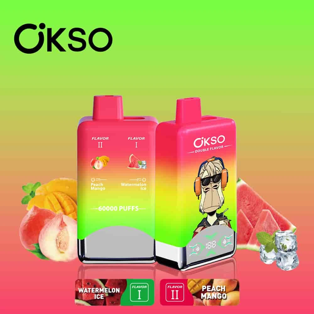 OKSO Double Flavor 60000 02 okso double flavor 60000 puffs watermelon ice peach mango vape flavor design with device artwork and matching product packaging.