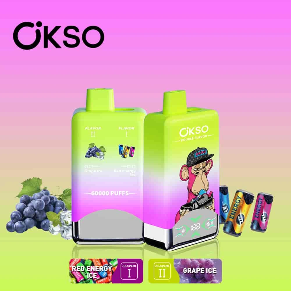 OKSO Double Flavor 60000 03 okso double flavor 60000 puffs red energy ice grape ice vape flavor design with device artwork and matching product packaging.