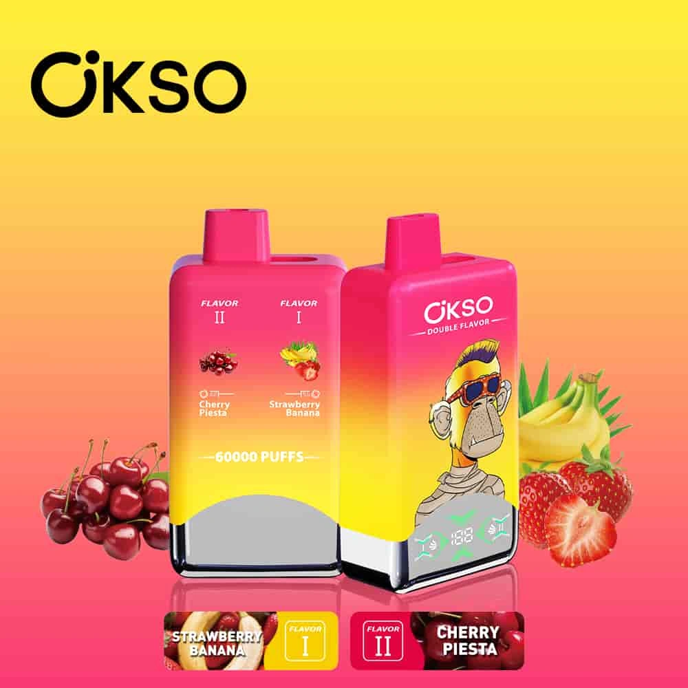 OKSO Double Flavor 60000 04 okso double flavor 60000 puffs strawberry banana cherry piesta vape flavor design with device artwork and matching product packaging.