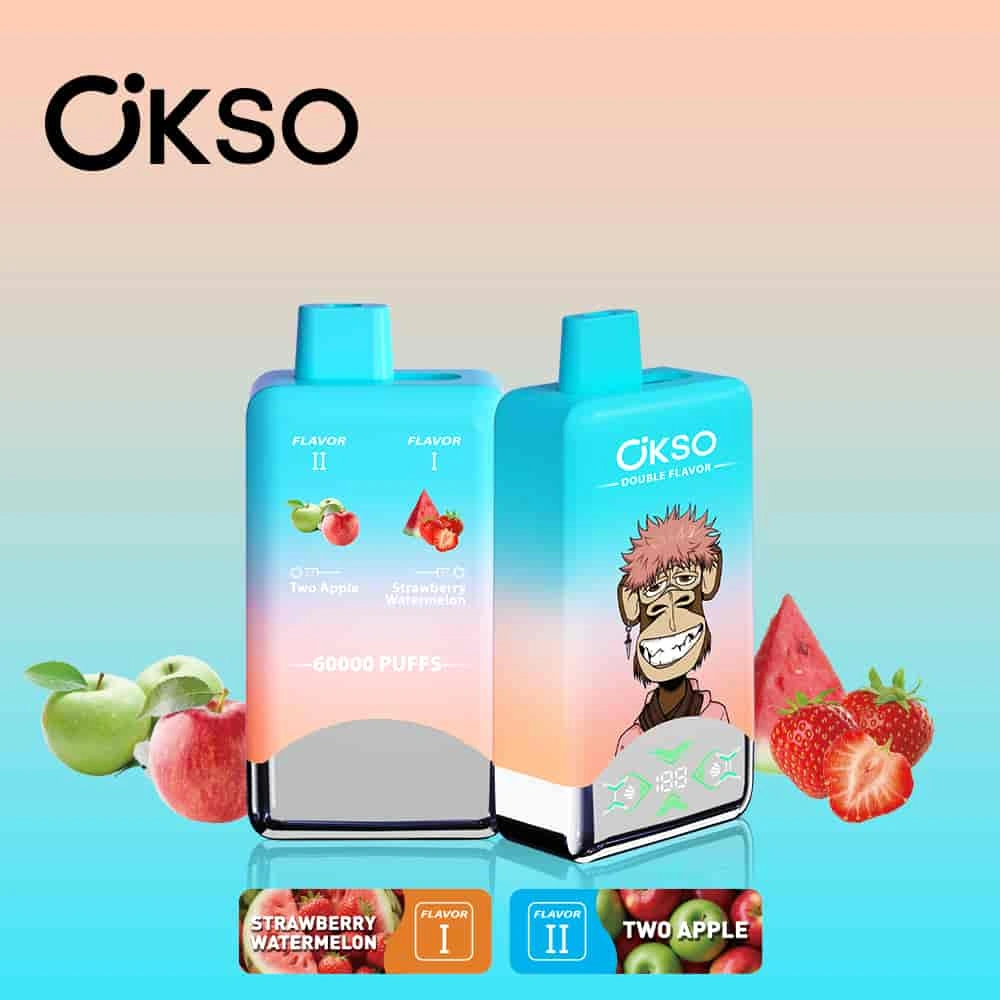 OKSO Double Flavor 60000 05 okso double flavor 60000 puffs strawberry watermelon two apple vape flavor design with device artwork and matching product packaging.