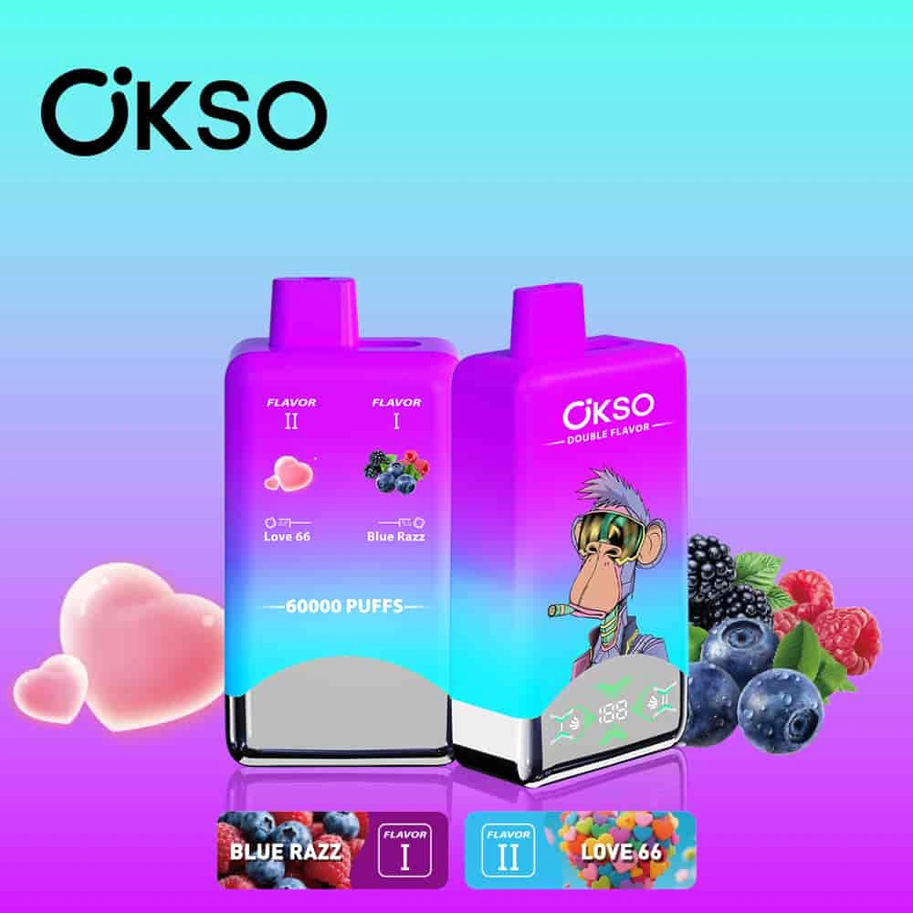 OKSO Double Flavor 60000 06 okso double flavor 60000 puffs blue razz love66 vape flavor design with device artwork and matching product packaging.