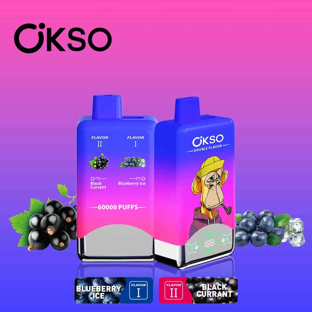 OKSO Double Flavor 60000 07 okso double flavor 60000 puffs blueberry ice black currant vape flavor design with device artwork and matching product packaging.