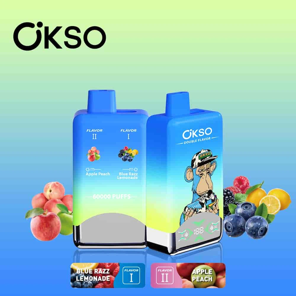 OKSO Double Flavor 60000 08 okso double flavor 60000 puffs blue razz lemonade apple peach vape flavor design with device artwork and matching product packaging.