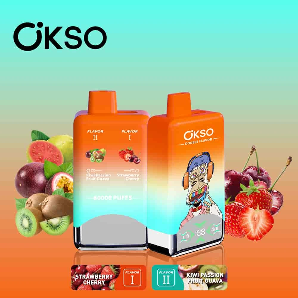 OKSO Double Flavor 60000 09 okso double flavor 60000 puffs strawberry cherry kiwi passion fruit gu vape flavor design with device artwork and matching product packaging.