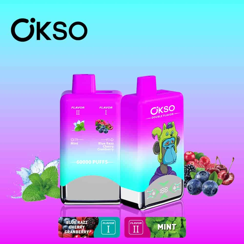 OKSO Double Flavor 60000 10 okso double flavor 60000 puffs blue razz cherry cranberry mint vape flavor design with device artwork and matching product packaging.