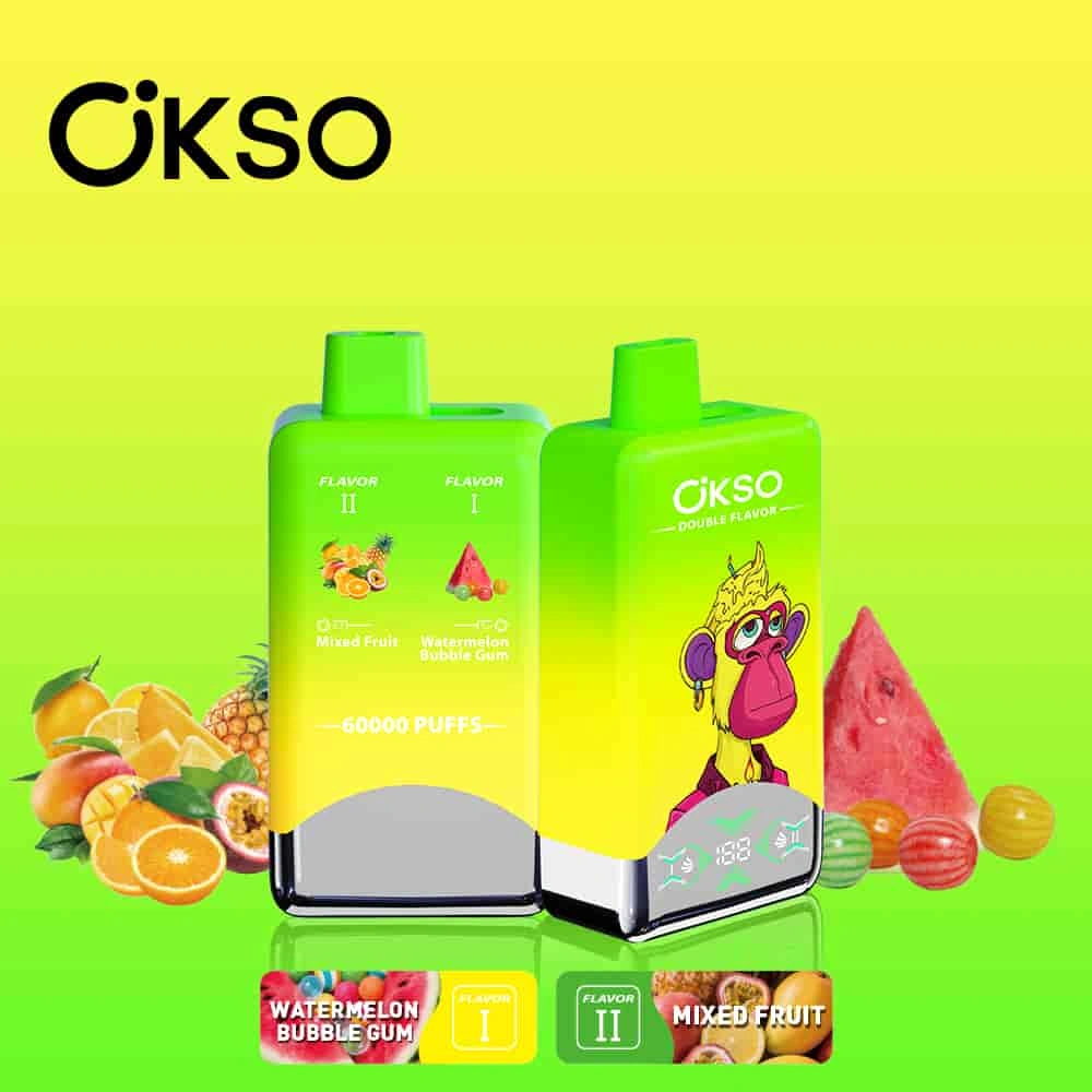 OKSO Double Flavor 60000 11 okso double flavor 60000 puffs watermelon bubble gum mixed fruit vape flavor design with device artwork and matching product packaging.