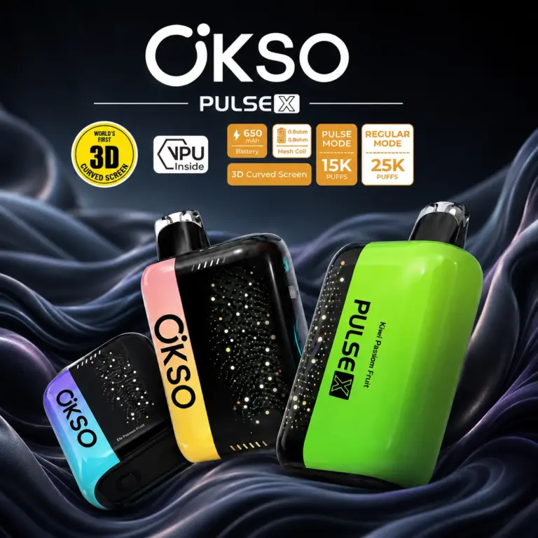 OKSO Pulse X 25K disposable vape with 3D curved screen, dual mesh coil design and branded product presentation