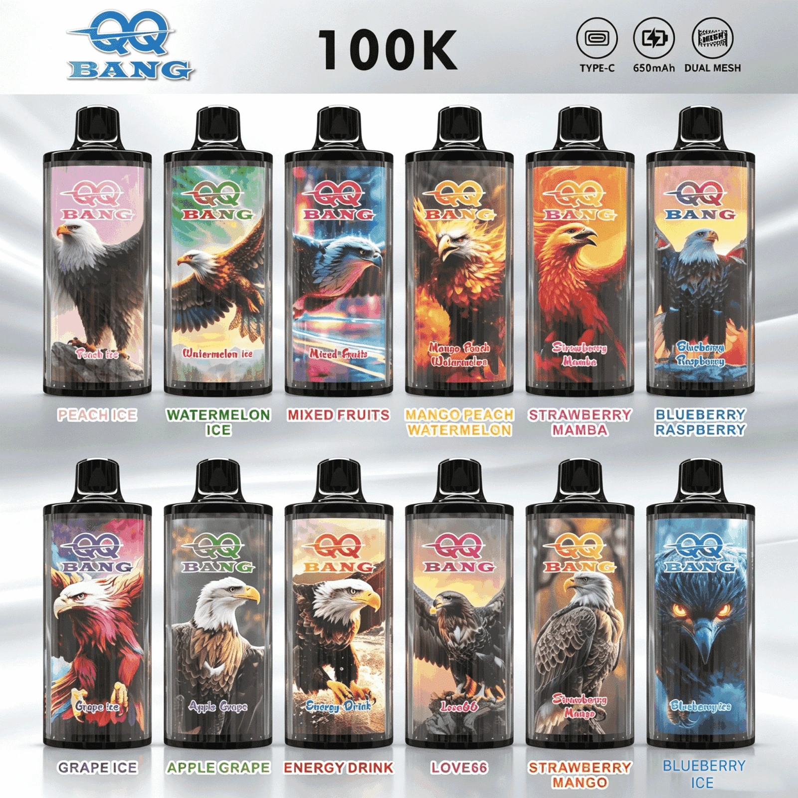 QQ Bang 100K Puffs Vape, flavor range chart showing available device designs in a supplier overview, presented in the supplier gallery artwork.