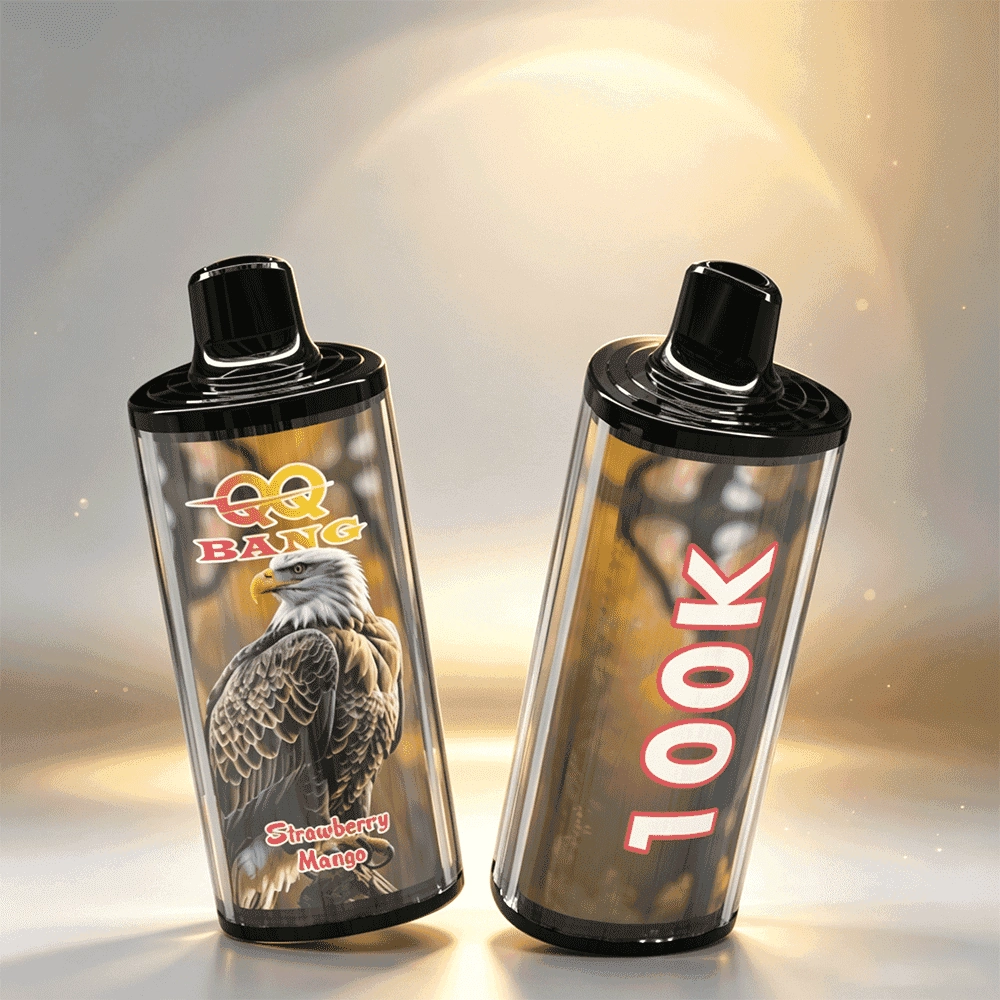 QQ Bang 100K Puffs Vape, Strawberry Mango variant with upright and side device views, presented in the supplier gallery artwork.