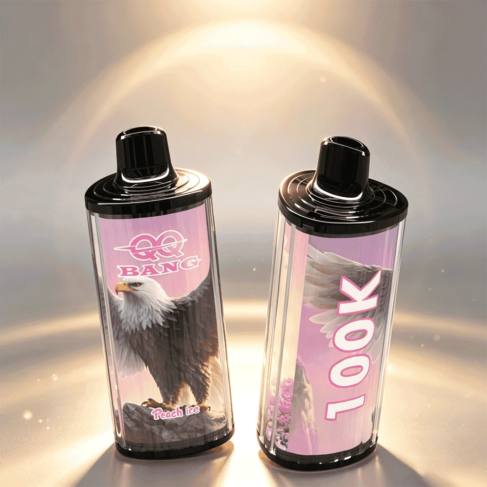 QQ Bang 100K Puffs Vape, Peach Ice variant with upright and side device views, presented in the supplier gallery artwork.