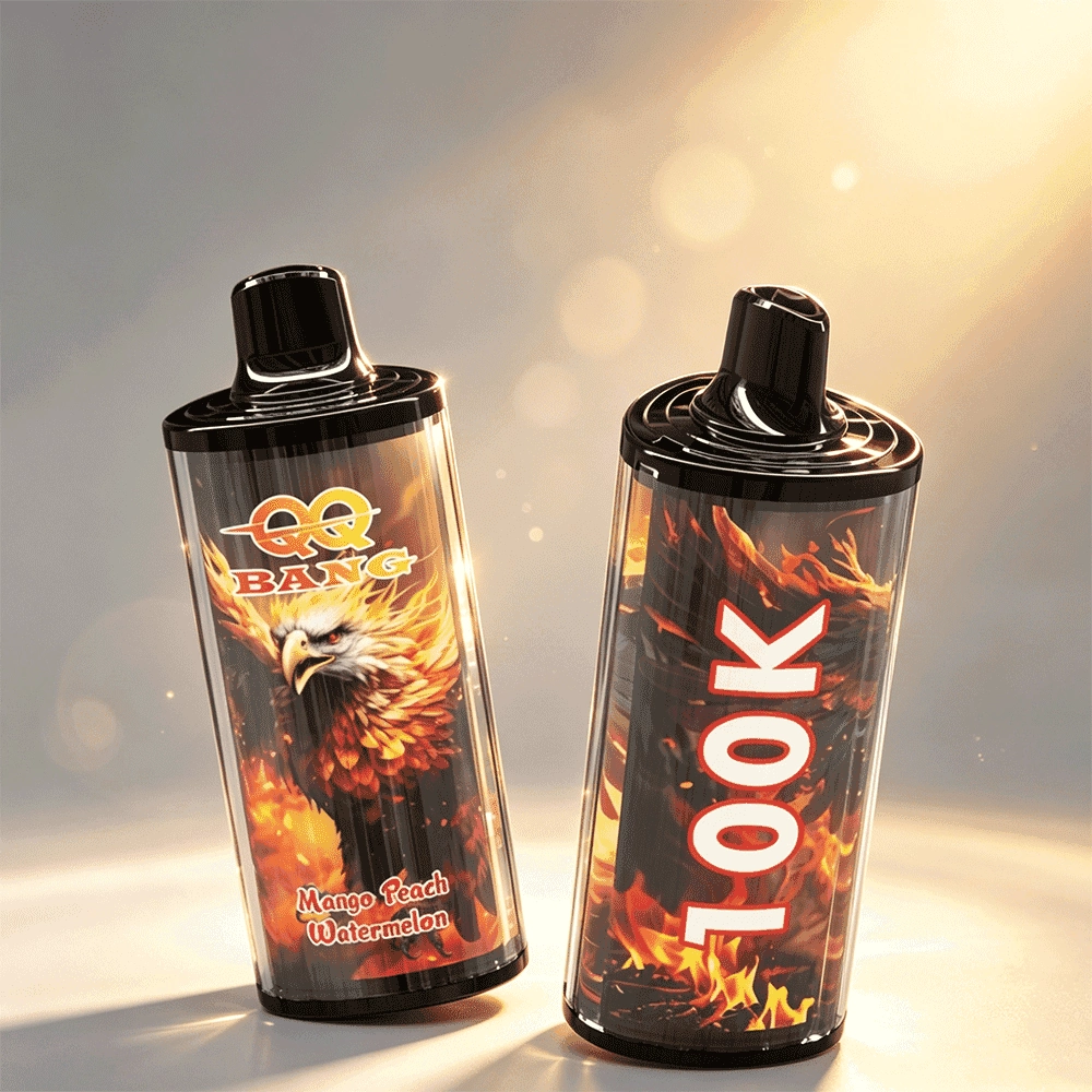QQ Bang 100K Puffs Vape, Mango Peach Watermelon variant with upright and side device views, presented in the supplier gallery artwork.