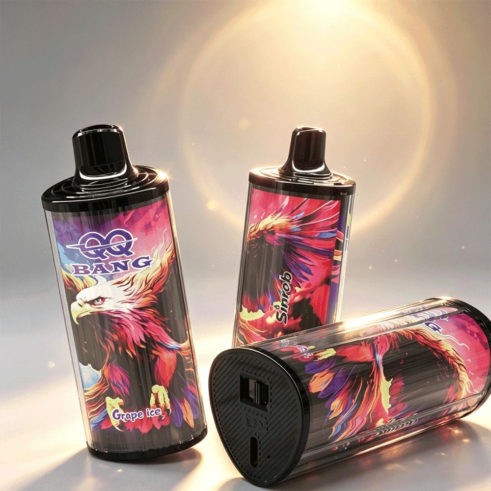QQ Bang 100K Puffs Vape, Grape Ice variant with upright and side device views, presented in the supplier gallery artwork.