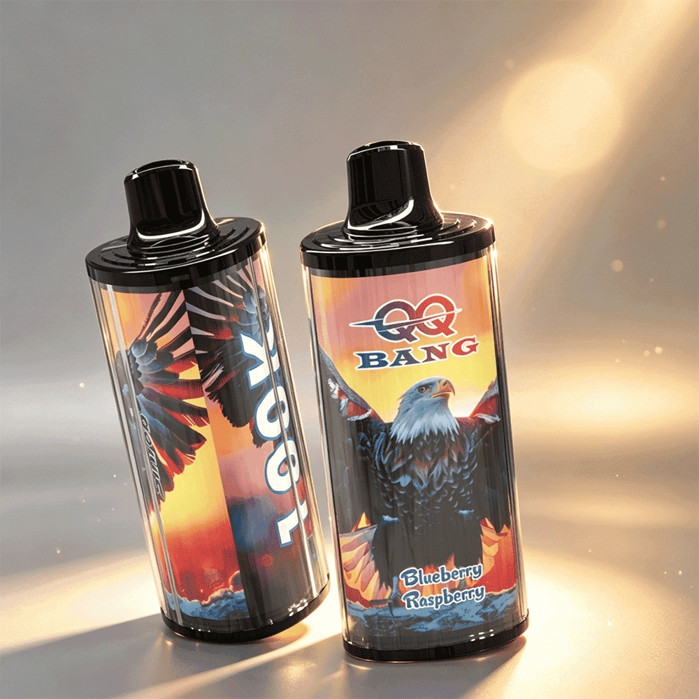 QQ Bang 100K Puffs Vape, Blueberry Raspberry variant with upright and side device views, presented in the supplier gallery artwork.