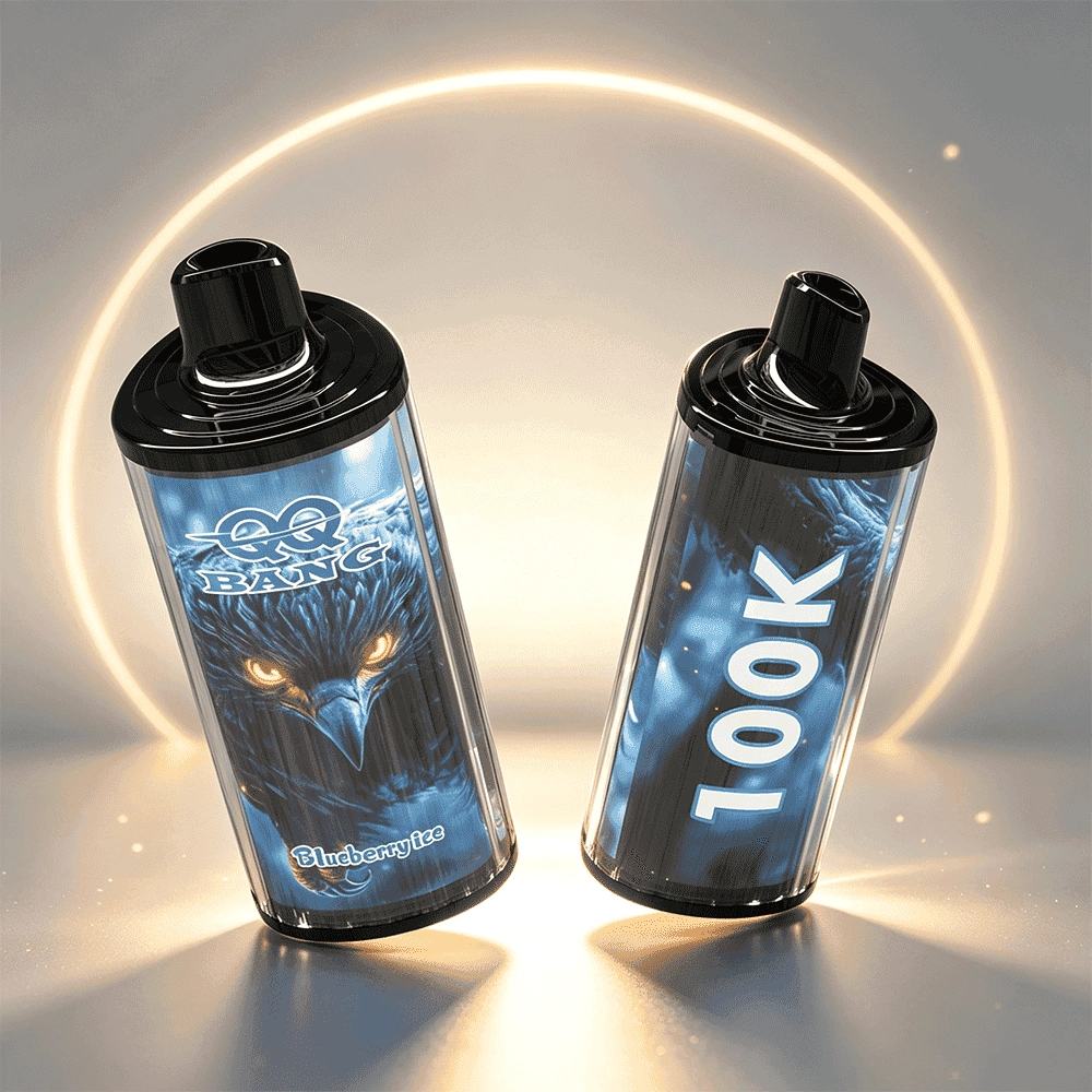 QQ Bang 100K Puffs Vape, Blueberry Ice variant with upright and side device views, presented in the supplier gallery artwork.