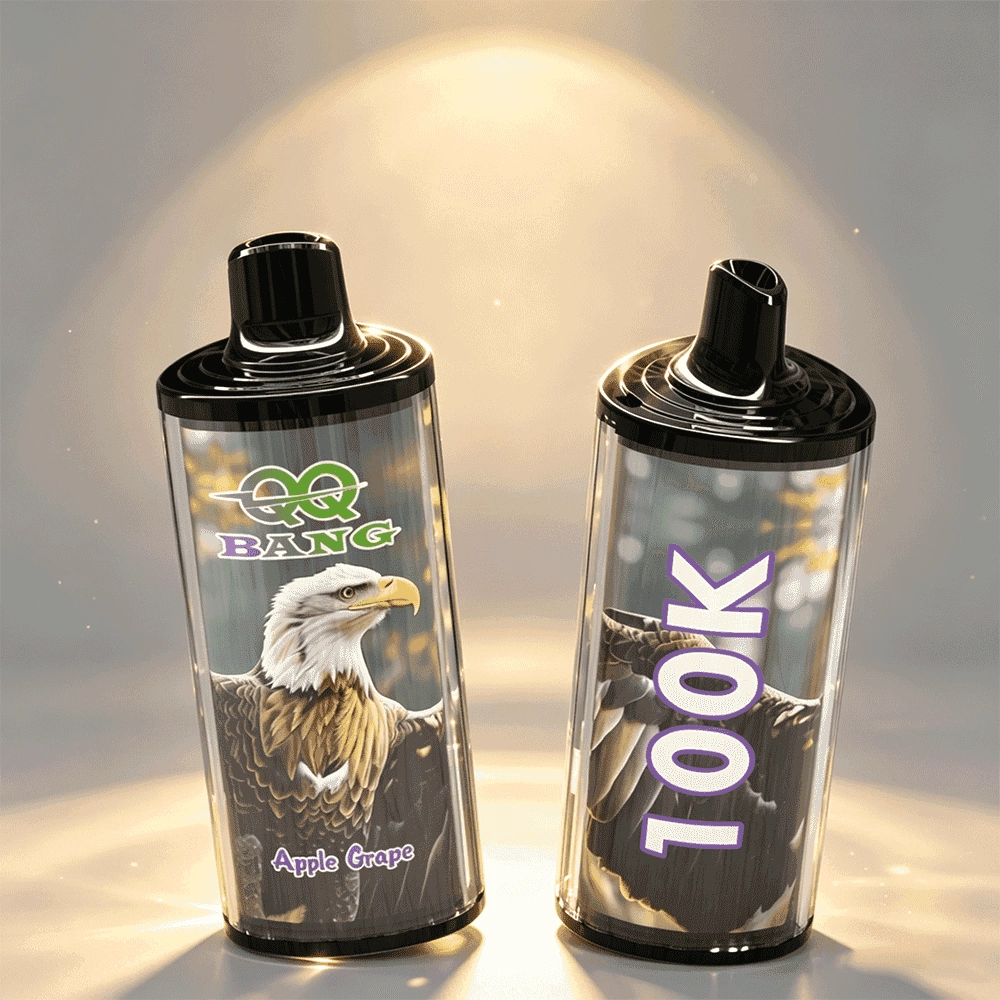 QQ Bang 100K Puffs Vape, Apple Grape variant with upright and side device views, presented in the supplier gallery artwork.