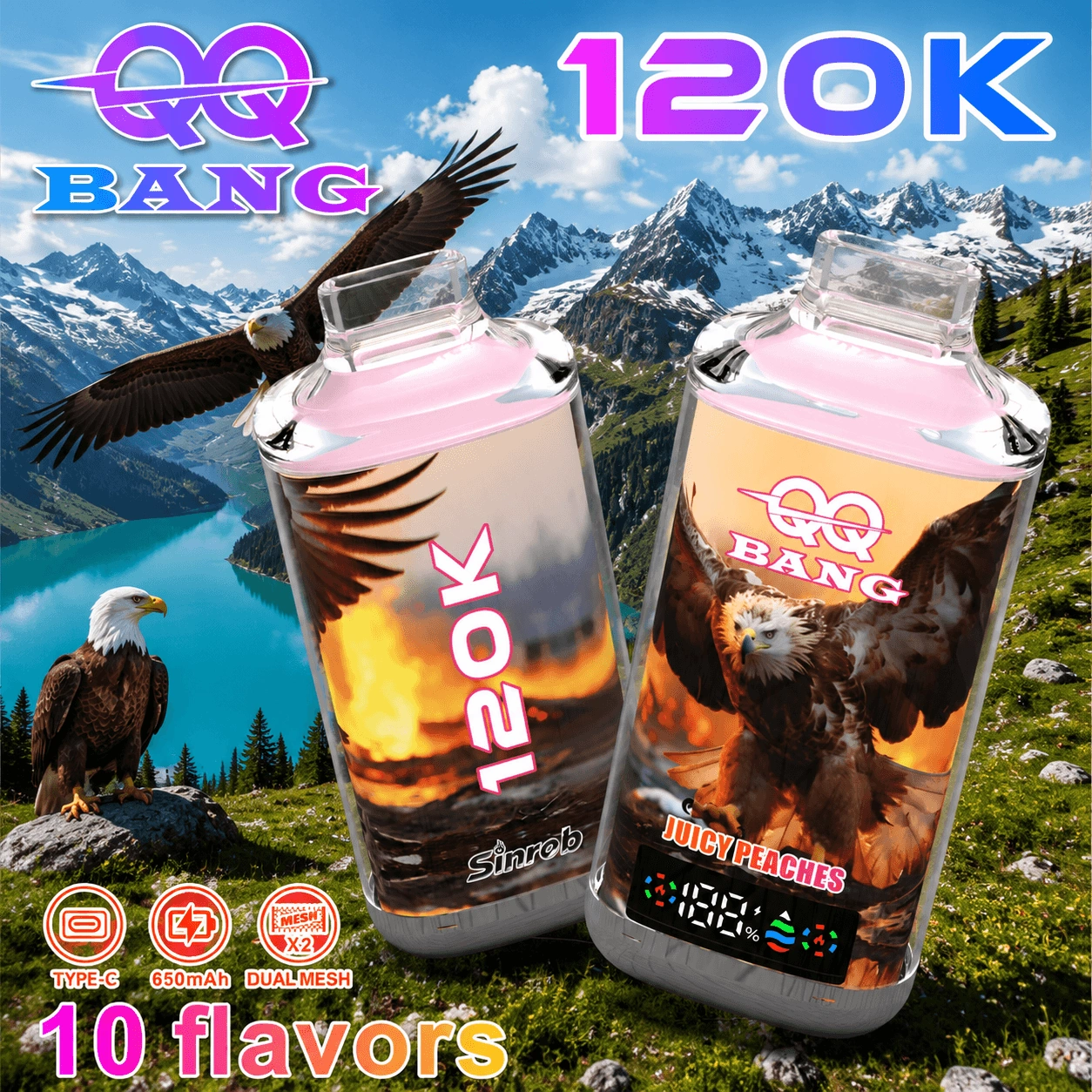 QQ Bang 120K Puffs Disposable Vape, Juicy Peaches device pair with eagle artwork against a mountain backdrop, presented in the supplier gallery artwork.