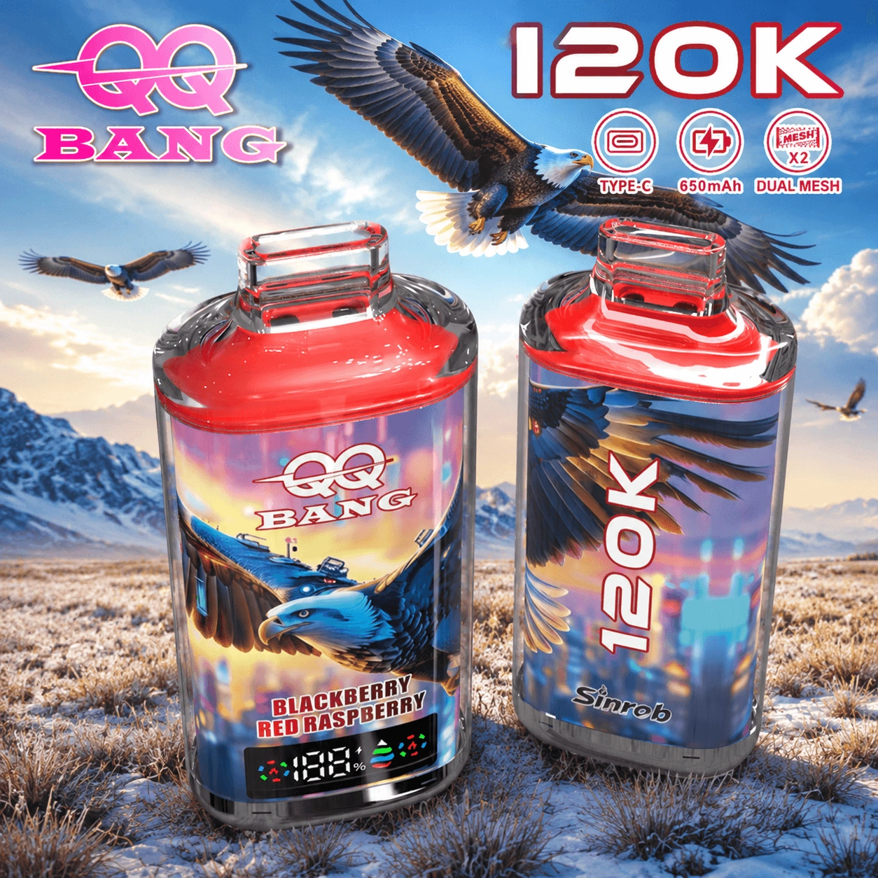 QQ Bang 120K Puffs Disposable Vape, Blackberry Red Raspberry device pair in red with eagle artwork, presented in the supplier gallery artwork.