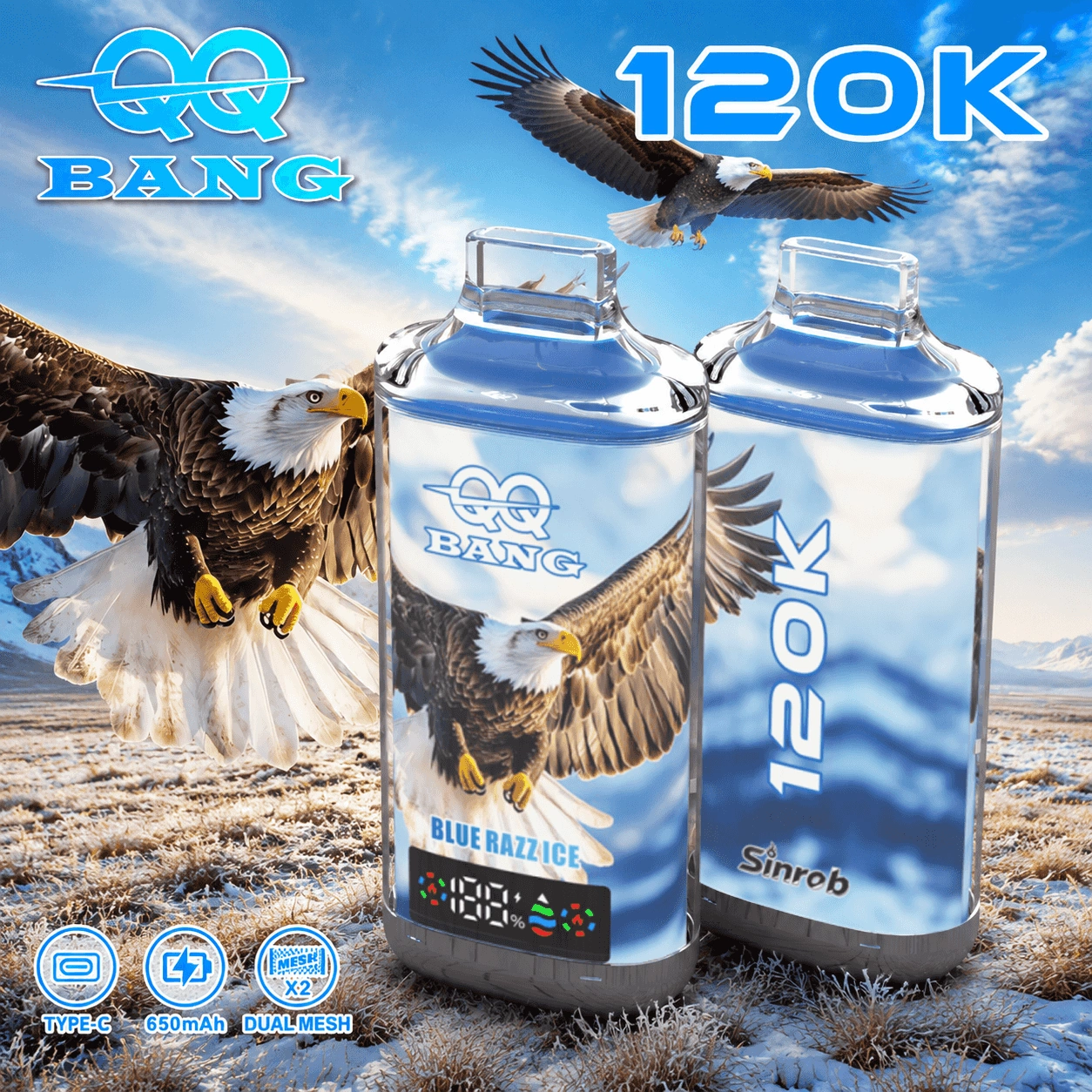QQ Bang 120K Puffs Disposable Vape, Blue Razz Ice device pair in blue with eagle artwork, presented in the supplier gallery artwork.