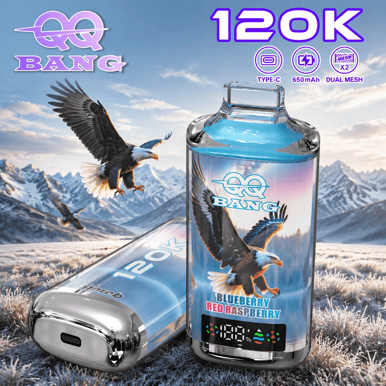 QQ Bang 120K Puffs Disposable Vape, Blueberry Red Raspberry device pair in pale blue with eagle artwork, presented in the supplier gallery artwork.