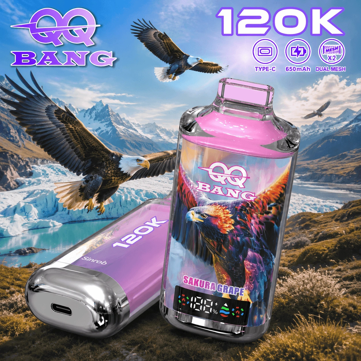 QQ Bang 120K Puffs Disposable Vape, Sakura Grape device pair in pink with eagle artwork, presented in the supplier gallery artwork.