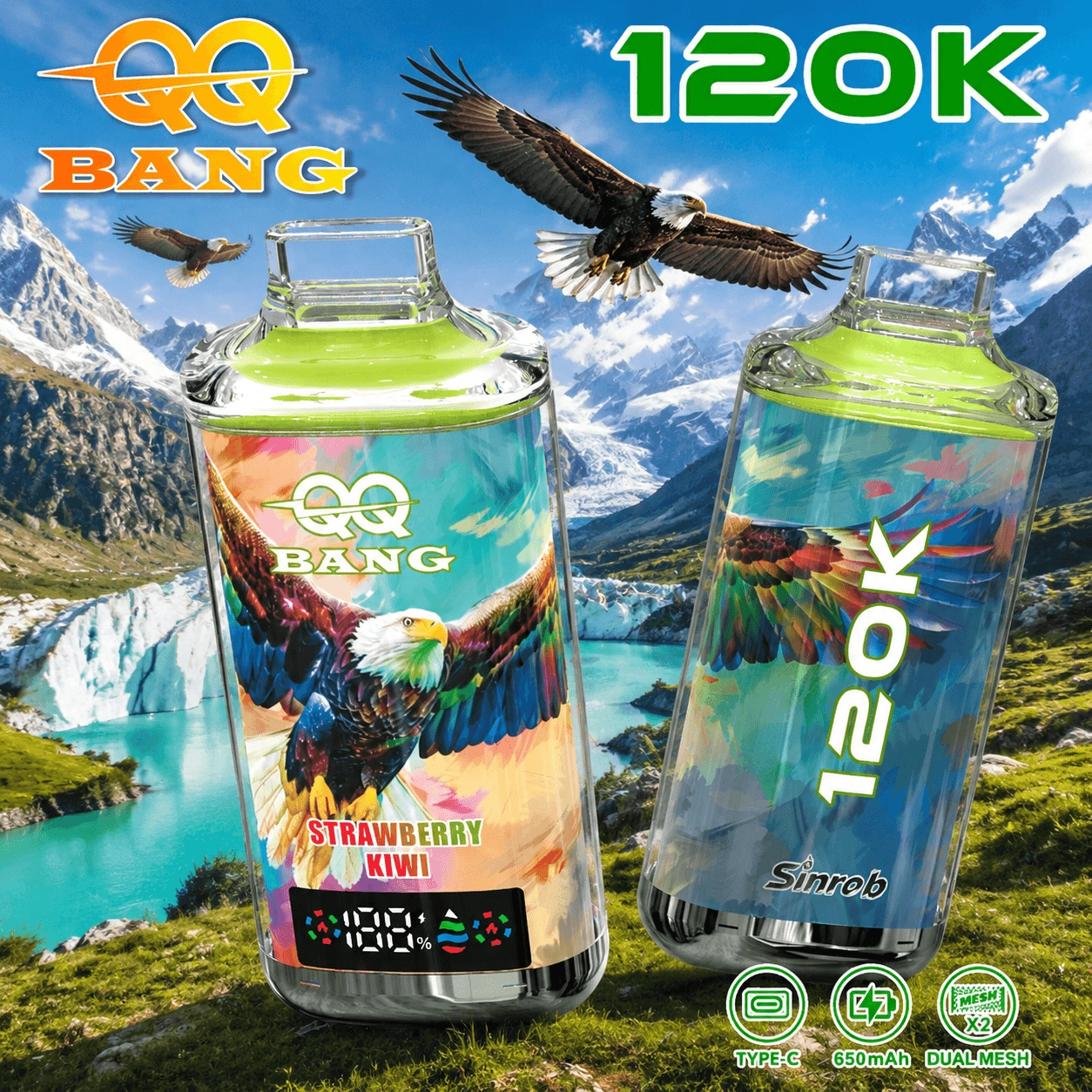 QQ Bang 120K Puffs Disposable Vape, Strawberry Kiwi device pair in green with eagle artwork, presented in the supplier gallery artwork.