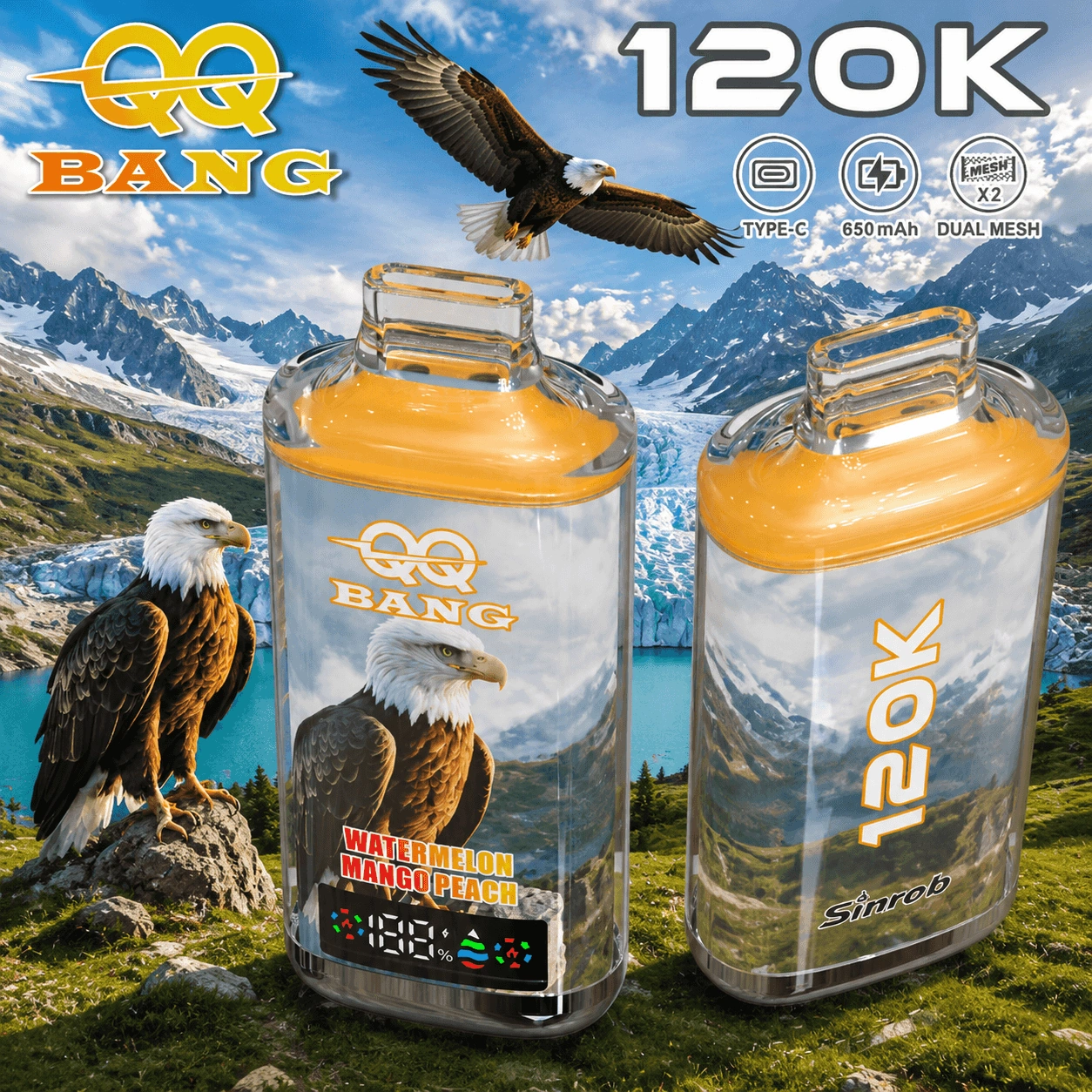 QQ Bang 120K Puffs Disposable Vape, Watermelon Mango Peach device pair in amber with eagle artwork, presented in the supplier gallery artwork.