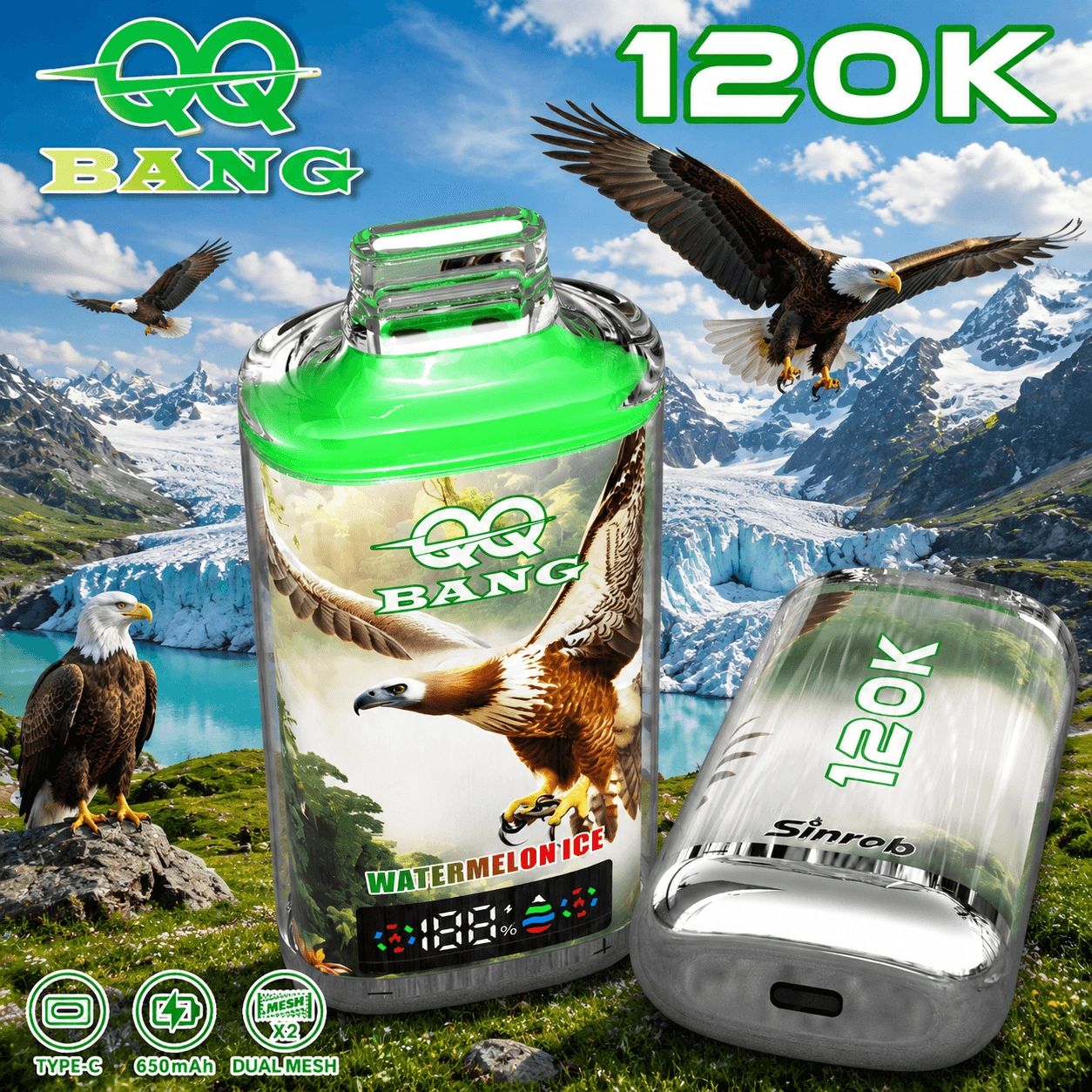 QQ Bang 120K Puffs Disposable Vape, Watermelon Ice device pair in green with eagle artwork, presented in the supplier gallery artwork.