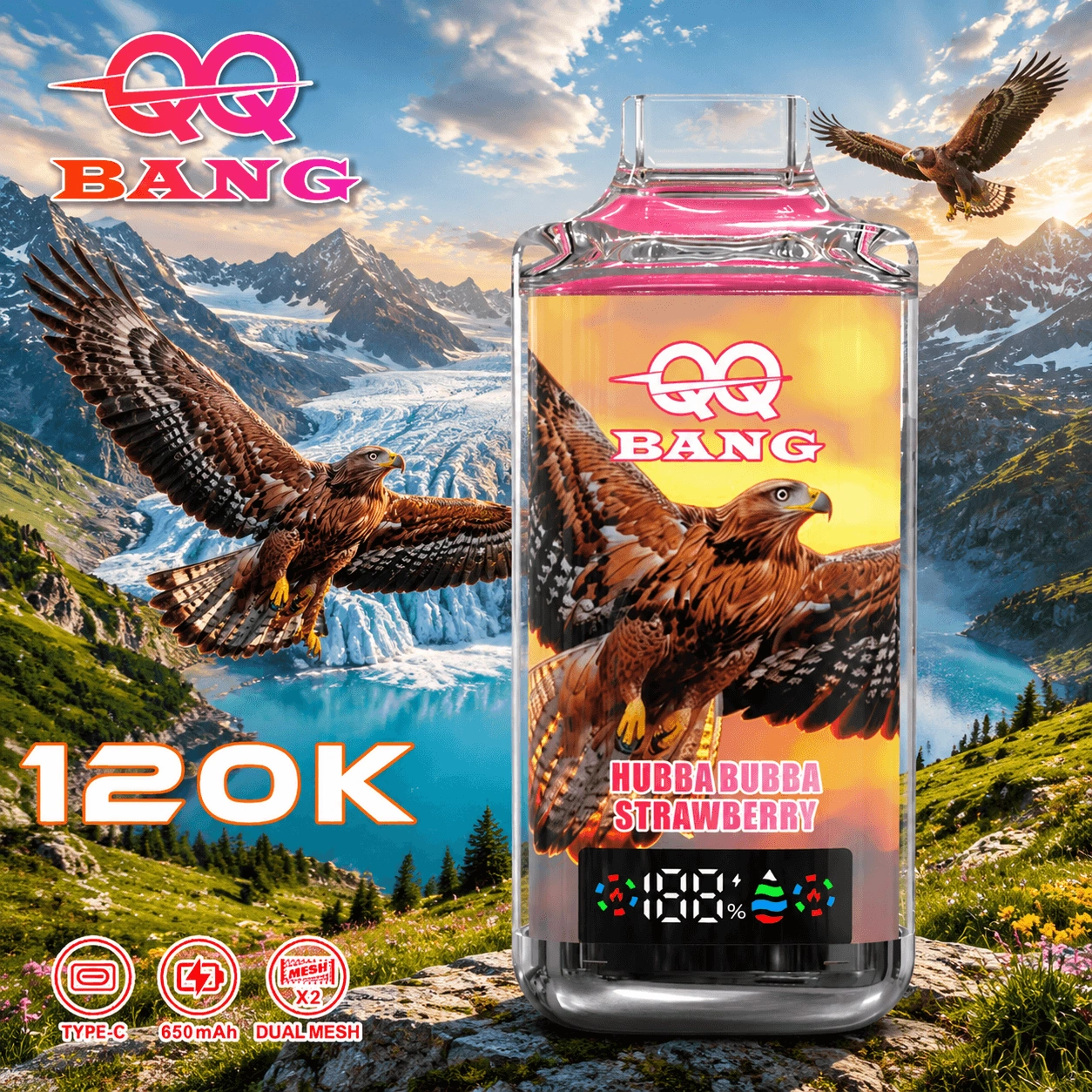 QQ Bang 120K Puffs Disposable Vape, Hubba Bubba Strawberry device in warm orange with eagle artwork, presented in the supplier gallery artwork.
