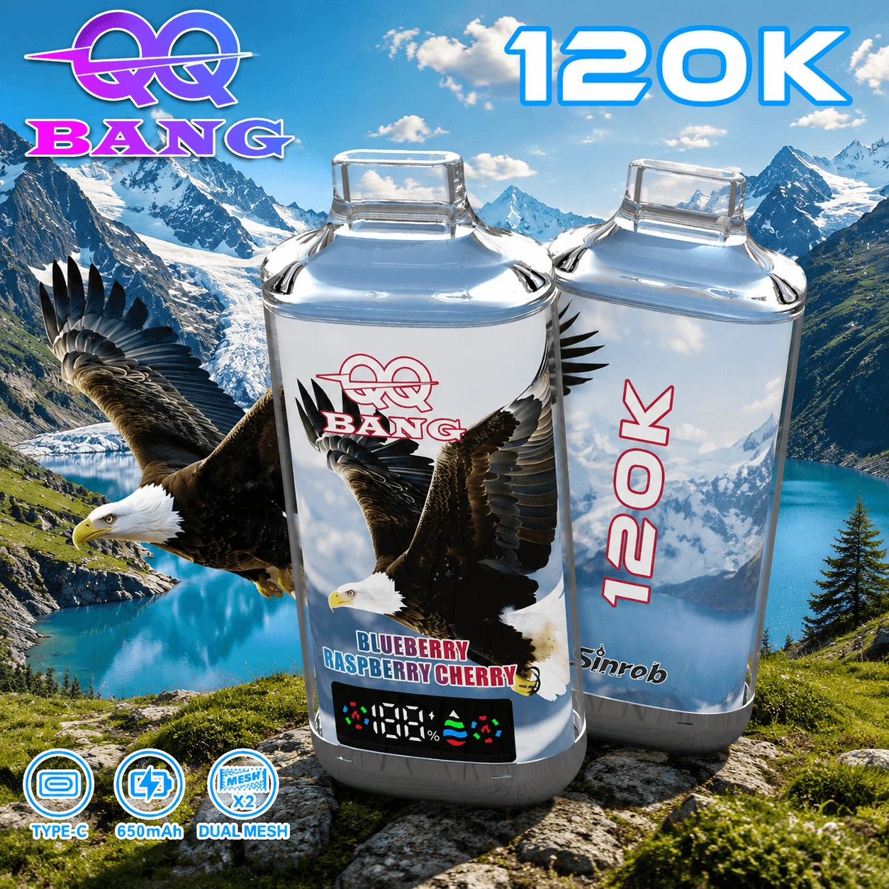 QQ Bang 120K Puffs Disposable Vape, Blueberry Raspberry Cherry device pair in white and blue with eagle artwork, presented in the supplier gallery artwork.