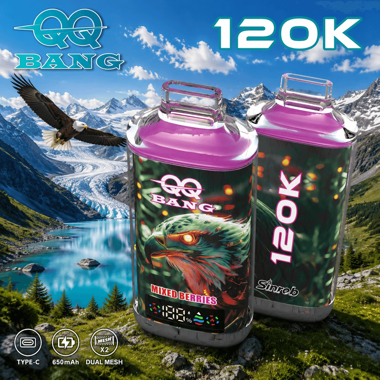 QQ Bang 120K Puffs Disposable Vape, Mixed Berries device pair in purple with eagle artwork, presented in the supplier gallery artwork.