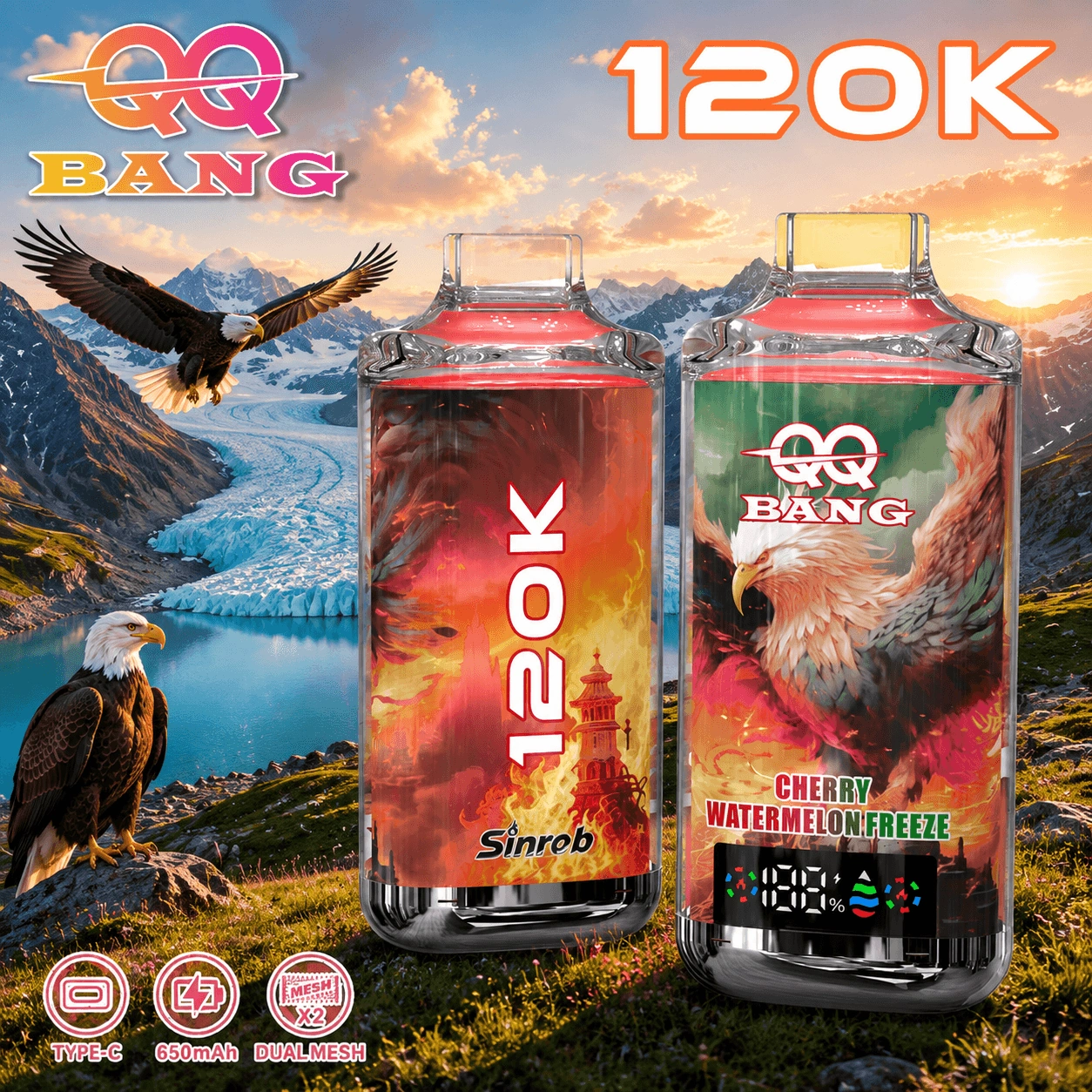QQ Bang 120K Puffs Disposable Vape, Cherry Watermelon Freeze device pair in red with eagle artwork, presented in the supplier gallery artwork.