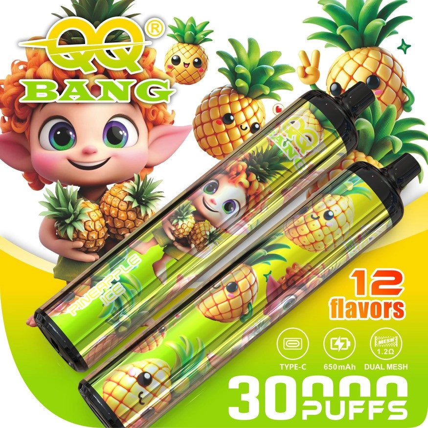 QQ Bang 30K Puffs Disposable Vape, yellow pineapple artwork with two slim cylindrical devices, presented in the supplier gallery artwork.
