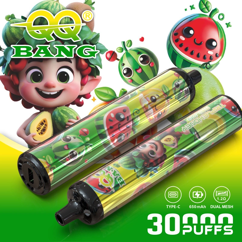QQ Bang 30K Puffs Disposable Vape, green watermelon artwork with two slim cylindrical devices, presented in the supplier gallery artwork.