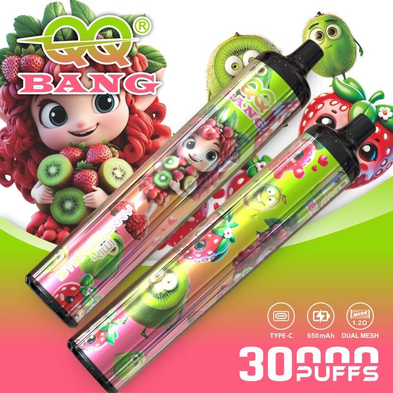 QQ Bang 30K Puffs Disposable Vape, red and green kiwi artwork with two slim cylindrical devices, presented in the supplier gallery artwork.