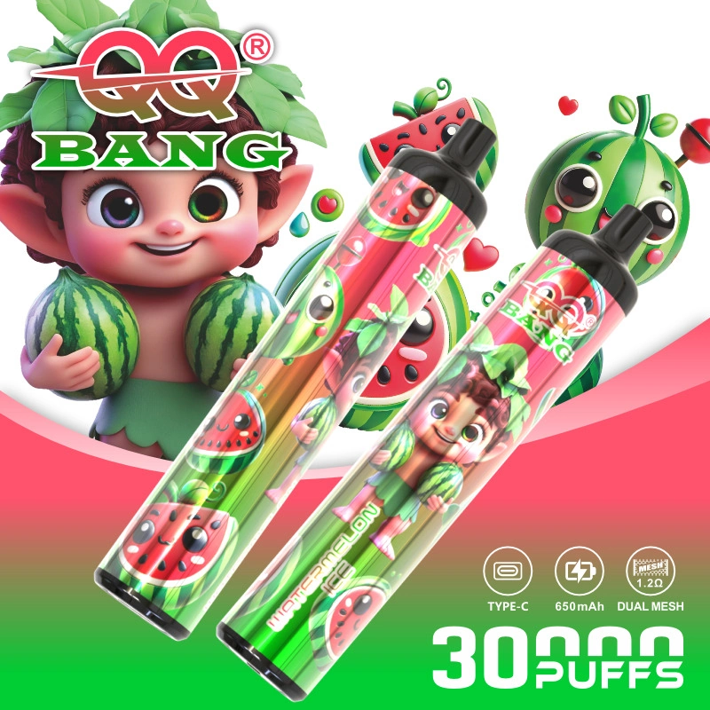 QQ Bang 30K Puffs Disposable Vape, green strawberry artwork with two slim cylindrical devices, presented in the supplier gallery artwork.