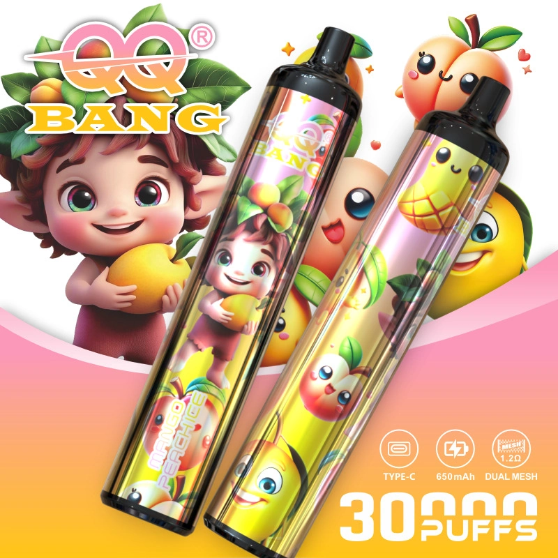 QQ Bang 30K Puffs Disposable Vape, orange peach artwork with two slim cylindrical devices, presented in the supplier gallery artwork.