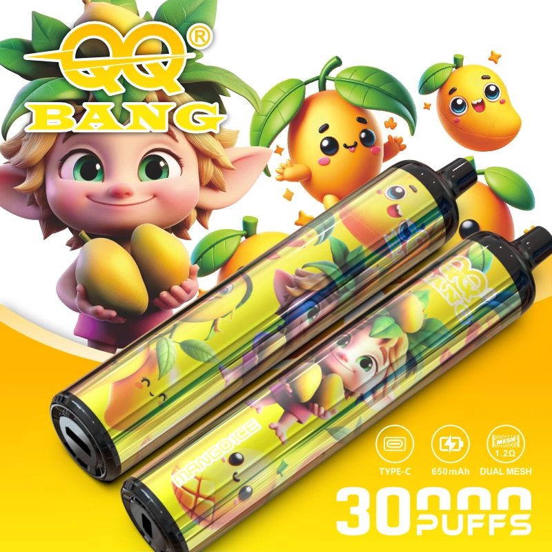 QQ Bang 30K Puffs Disposable Vape, yellow mango artwork with two slim cylindrical devices, presented in the supplier gallery artwork.