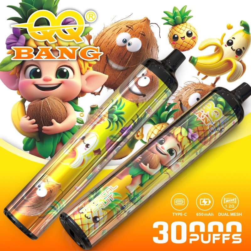 QQ Bang 30K Puffs Disposable Vape, orange banana and coconut artwork with two slim cylindrical devices, presented in the supplier gallery artwork.