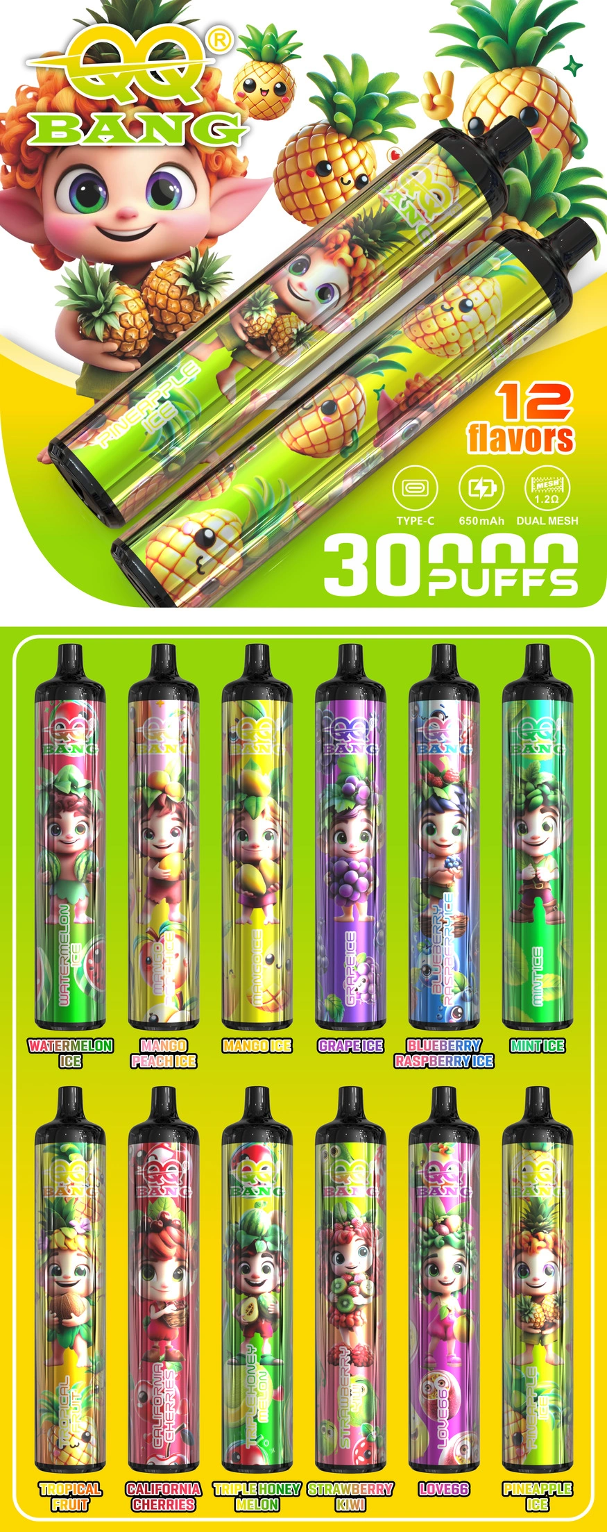 QQ Bang 30K Puffs Disposable Vape, main product panel above the complete slim device lineup, presented in the supplier gallery artwork.