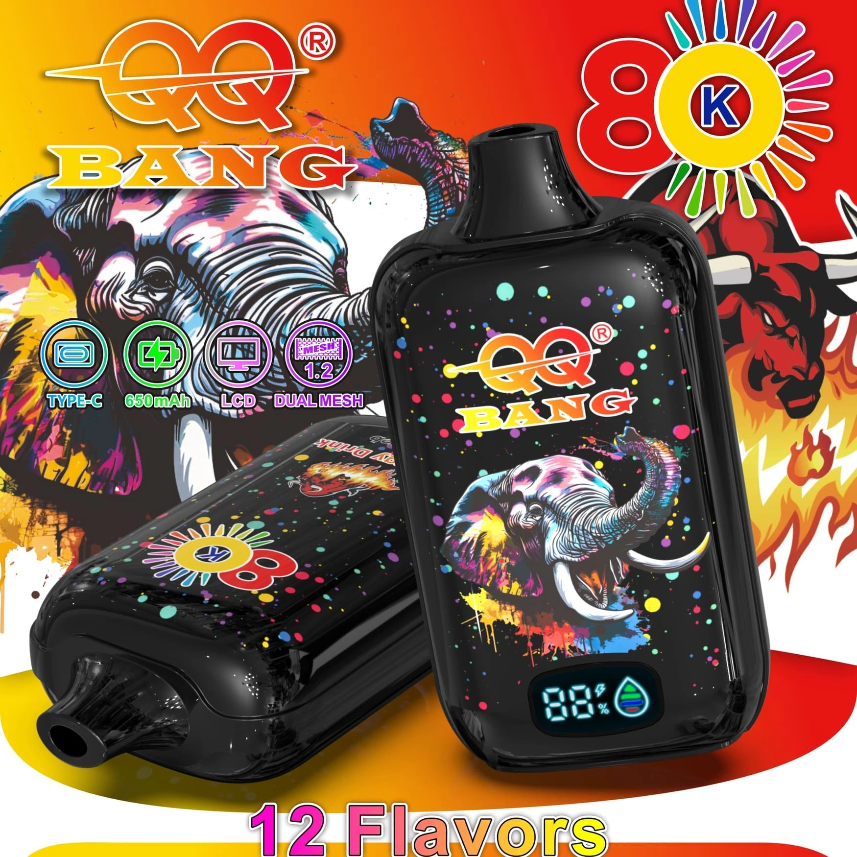 QQ Bang 80K Puffs Disposable Vape, black device range with tiger artwork and a 12-flavor badge, presented in the supplier gallery artwork.