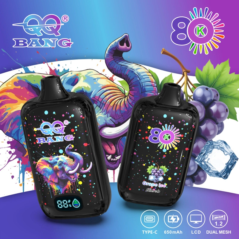 QQ Bang 80K Puffs Disposable Vape, purple flavor artwork with two black devices and grape graphics, presented in the supplier gallery artwork.