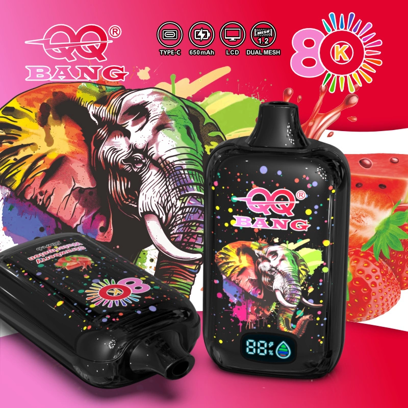 QQ Bang 80K Puffs Disposable Vape, pink flavor artwork with two black devices and fruit graphics, presented in the supplier gallery artwork.