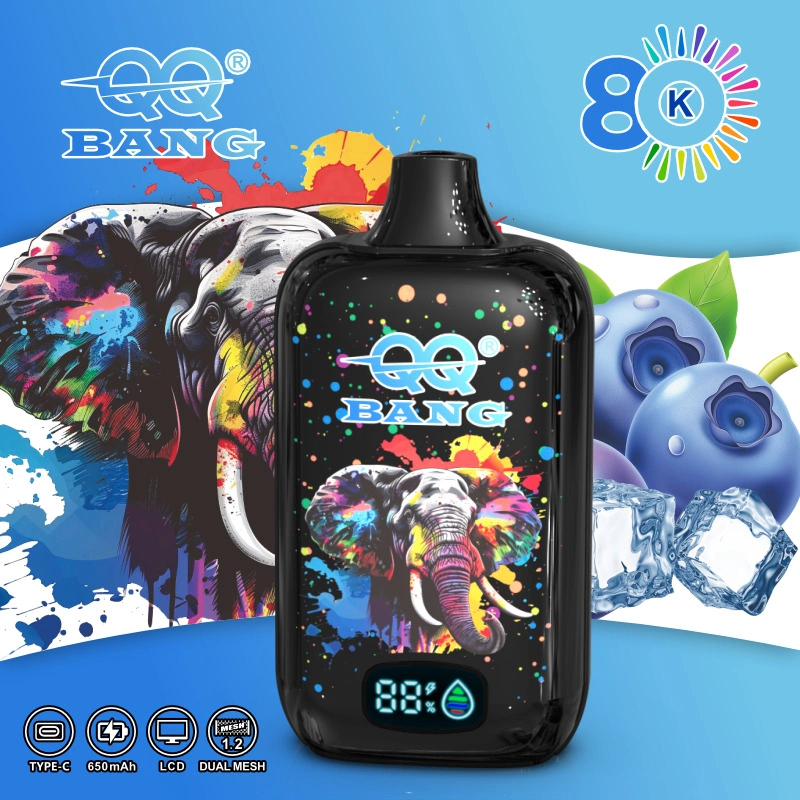 QQ Bang 80K Puffs Disposable Vape, blue flavor artwork with a black device beside blueberry graphics, presented in the supplier gallery artwork.