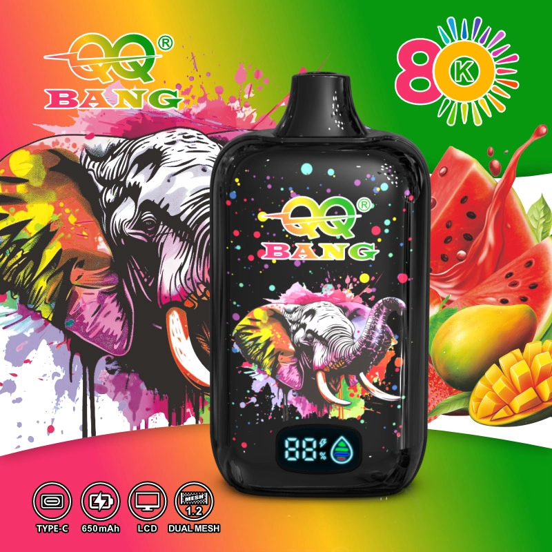 QQ Bang 80K Puffs Disposable Vape, green and orange flavor artwork with two black devices and tropical fruit, presented in the supplier gallery artwork.