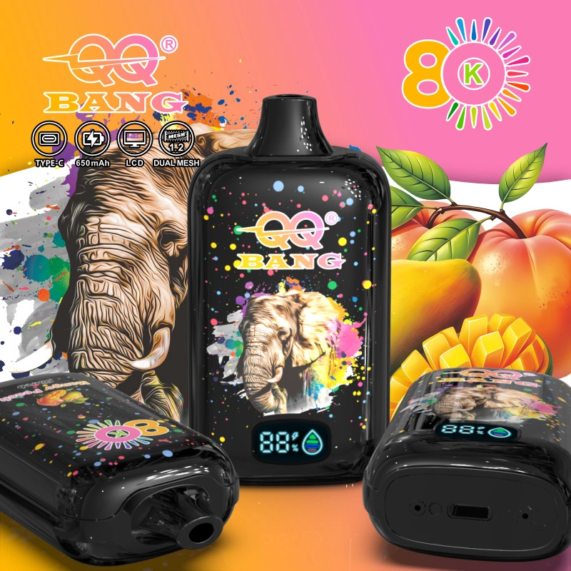 QQ Bang 80K Puffs Disposable Vape, orange flavor artwork with upright and side devices beside mixed fruit, presented in the supplier gallery artwork.