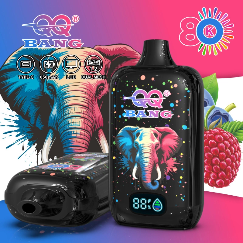 QQ Bang 80K Puffs Disposable Vape, pink flavor artwork with two black devices and elephant graphics, presented in the supplier gallery artwork.